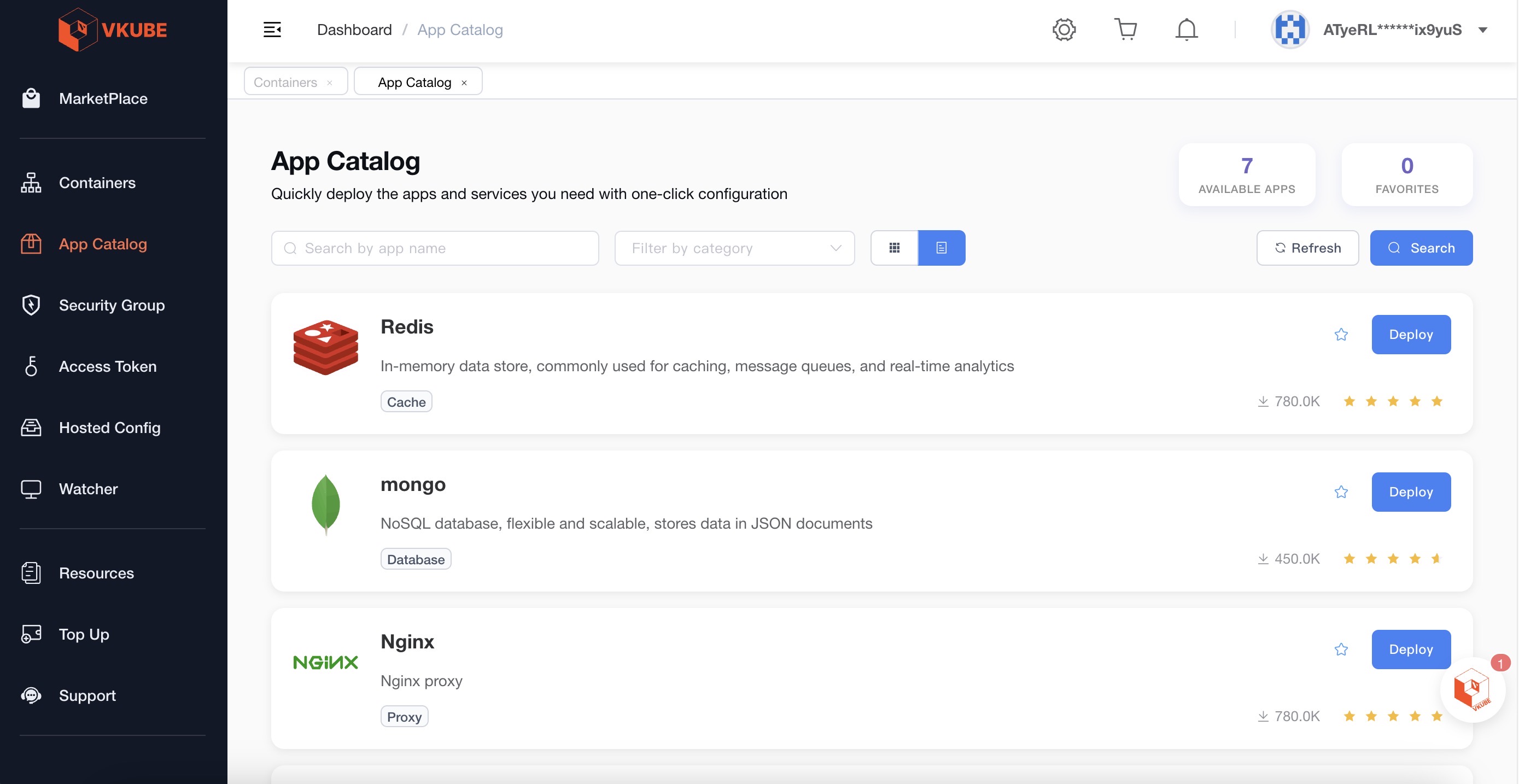 This image shows the "App Catalog" interface in V-Cloud, where users can browse popular application images and preconfigured templates, with options for quick deployment and image details.