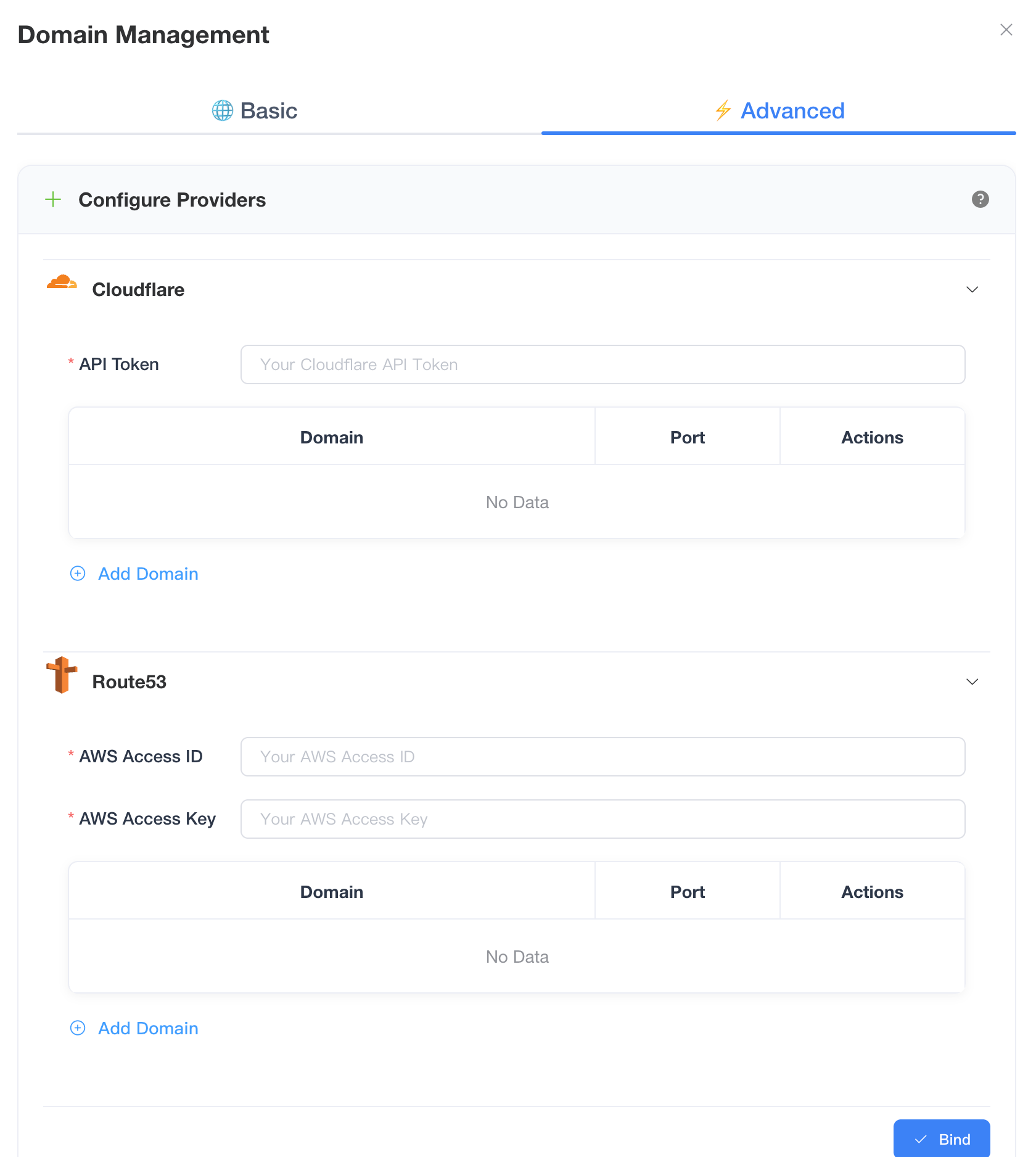 This image shows the "Domain Management" dialog in VKube with the "Advance" tab selected, displaying options to configure domain providers such as Cloudflare (requires API Token) and Route53 (requires AWS Access ID and Access Key). Each provider section includes an area to add and manage domains, ports, and actions, with a "Bind" button at the bottom to complete the provider configuration.
