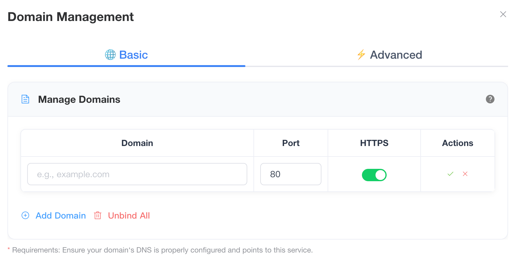 This image shows the "Domain Management" dialog in VKube with the "Basic" tab active, displaying the Manage Domain form where users can input the domain (e.g., example.com), specify the container port (default 80), toggle HTTPS certificate usage, and perform actions like confirming or deleting domain entries. It also includes "Add Domain" and "Unbind All" buttons, along with instructions about DNS configuration requirements.