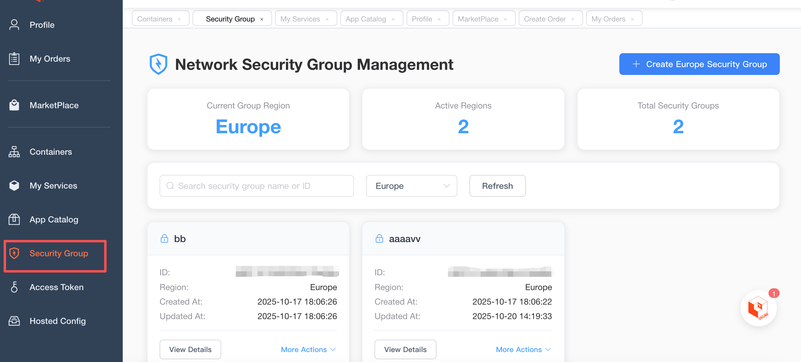 This is a web console named “Network Security Group Management” for managing security groups. The left sidebar contains menu items such as Profile, My Orders, MarketPlace, Containers, My Services, App Catalog, Security Group, Access Token, and Hosted Config, with Security Group selected. The main panel shows the current region as Europe, 2 active regions, and 2 total security groups. Below are a search bar, region filter, and two listed groups “bb” and “aaaavv” with region, creation, and update time. A “Create Europe Security Group” button appears at the top right, and an orange floating icon with a red notification dot at the bottom right.