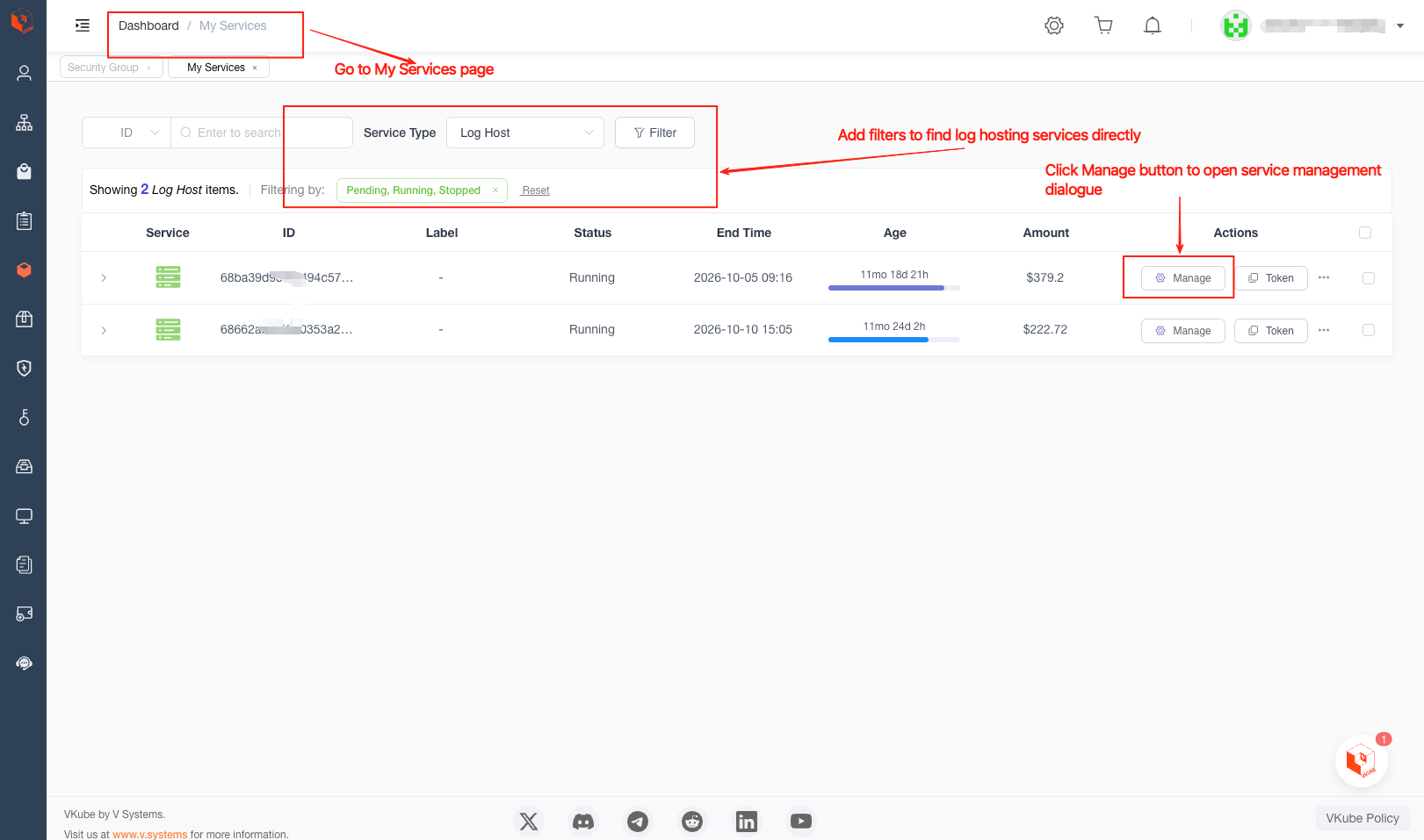 find log host service