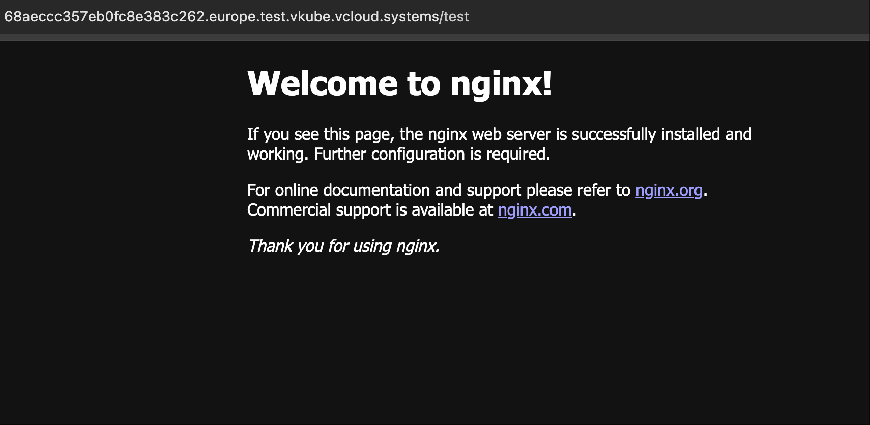This images shows a request for "https://68aeccc357eb0fc8e383c262.europe.test.vkube.vcloud.systems/test" and successfully shows "Welcome to nginx!" page.