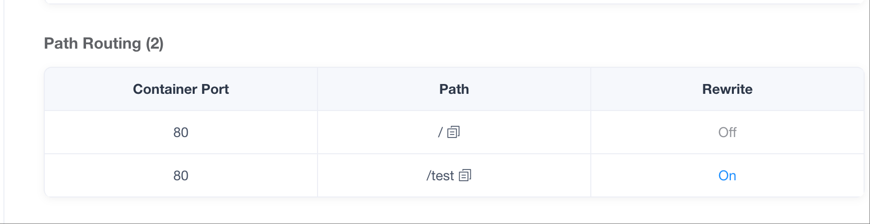 This image shows a path routing configuration table titled “Path Routing (2)”. The table has three columns: “Container Port”, “Path”, and “Rewrite”.First row: container port is 80, path is “/”, and rewrite is set to Off.Second row: container port is 80, path is “/test”, and rewrite is set to On.