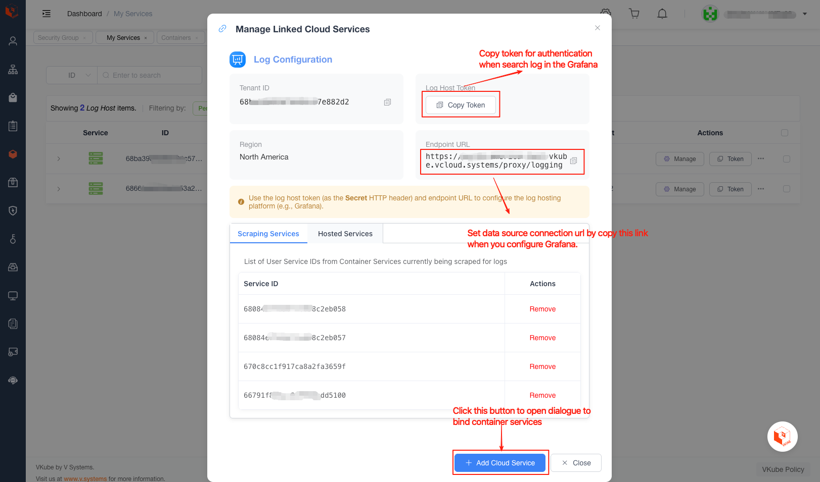 Log hosting service mangagement