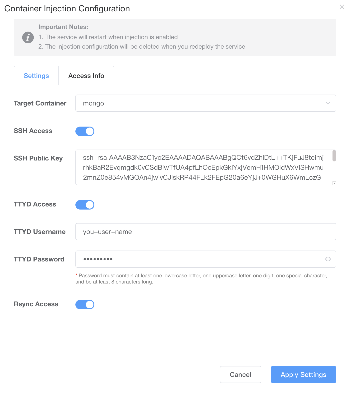 该图展示了VKUBE中启用sshd、ttyd和rsync工具的配置界面，突出了用户必须填写的必要参数。包括目标容器、SSH公钥、TTYD用户名和TTYD密码的字段，确保用户提供必要的信息以成功为其容器设置这些工具。